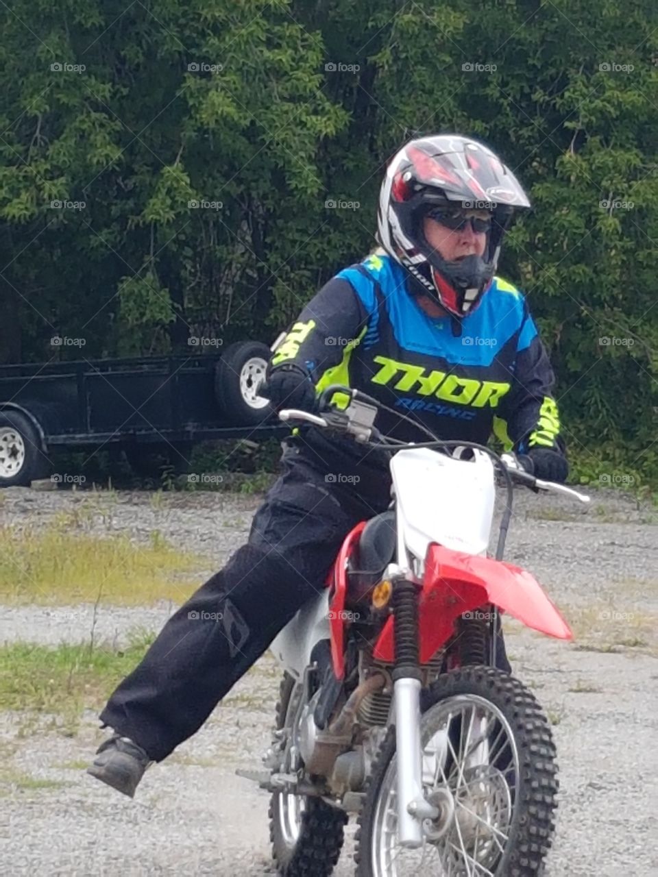 this is Me practicing driving a dirt bike. I have been learning to shift gears. not easy, but man it was fun to finally at 46 yrs old be able to ride a motorcycle