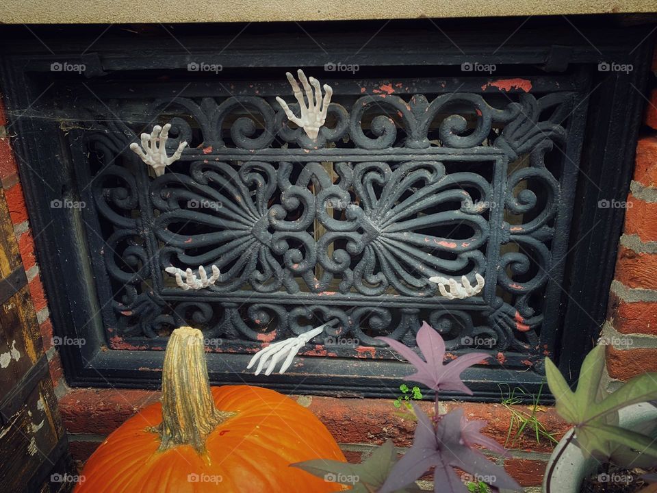 Spooky Halloween decorations, skeleton hands coming out of an old house grate 