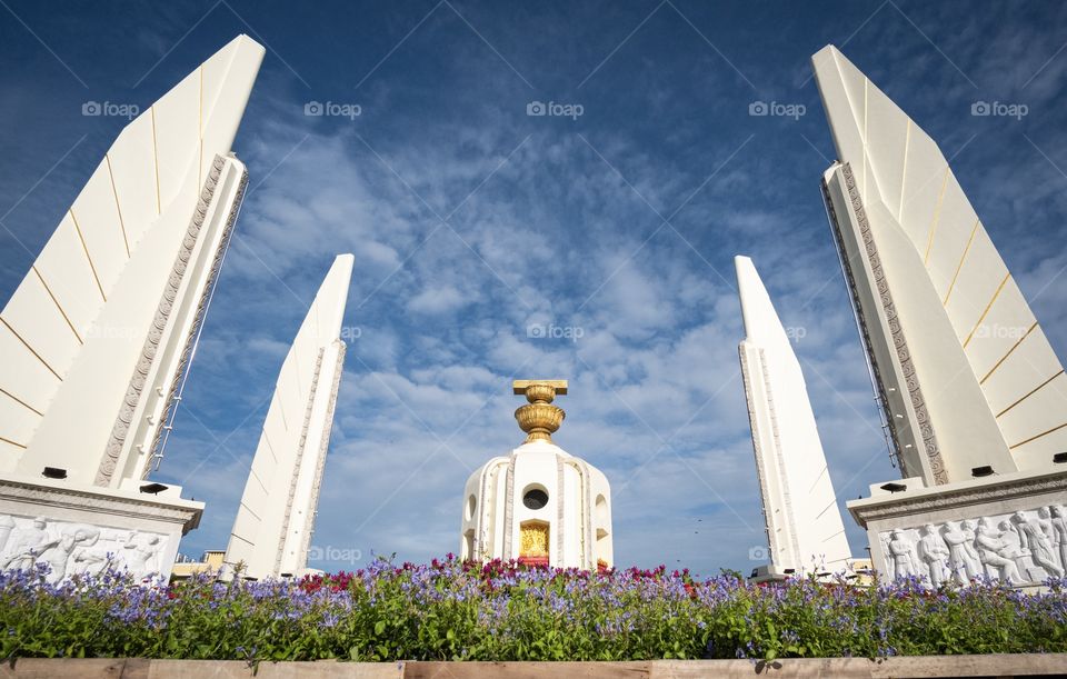 Beautiful Thailand Democracy monument on blue sky background