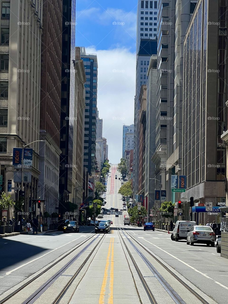 Walking across California Street in San Francisco California 