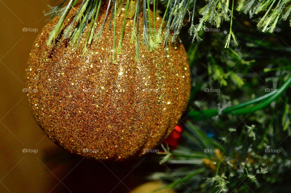 Gold ornament hanging on a tree 