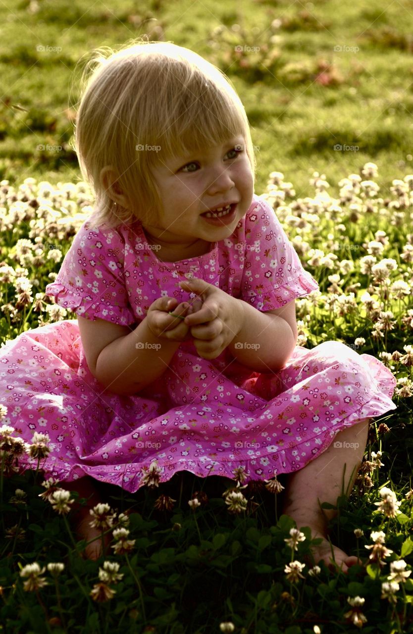 Little girl in a clover field