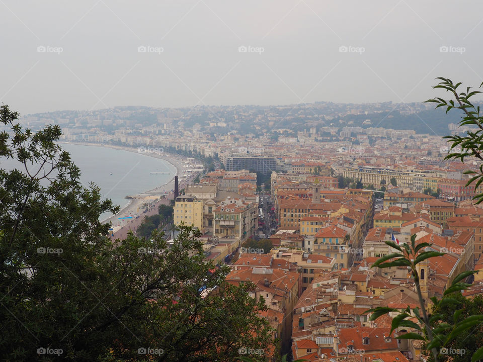 Panoramic view of Nice, France from atop the château above the old town.