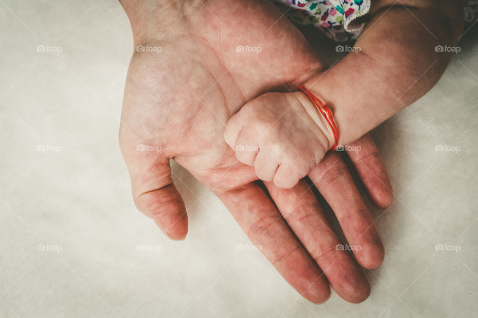 Elevated view of baby's and mother's hand