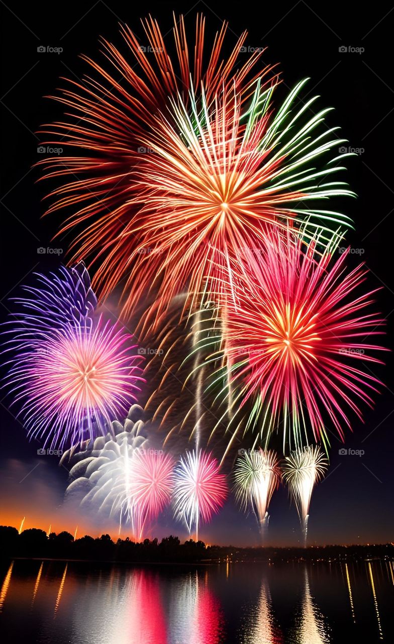 Fireworks exploding at night with bright neon colors 