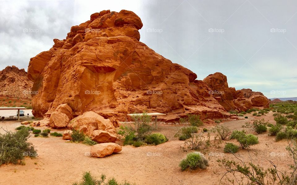 A towering red rock structure in the Valley of Fire in Nevada