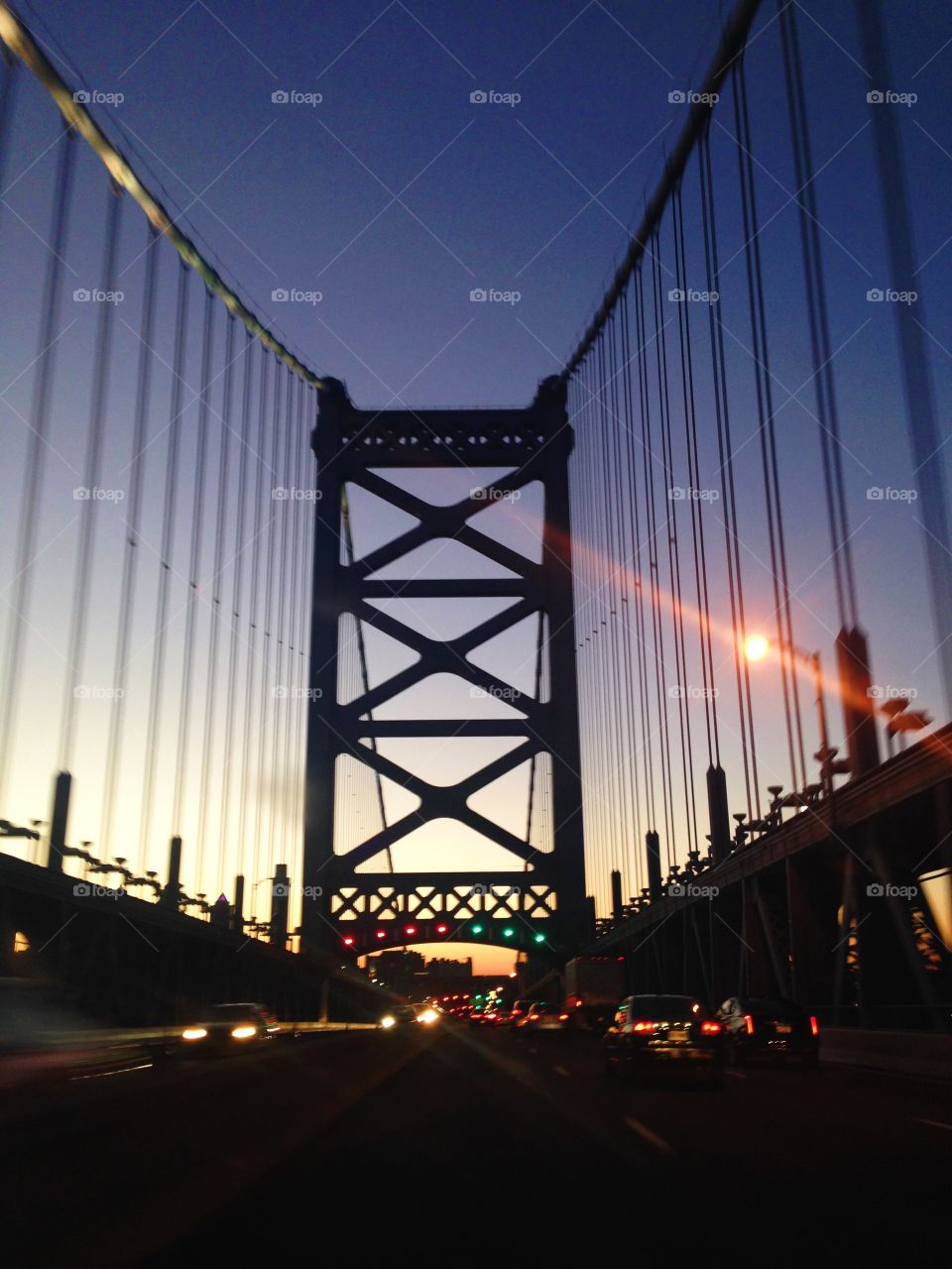 The Ben Franklin Bridge. crossing at sundown 