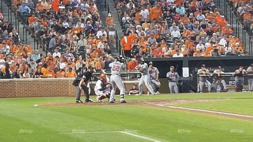 Markakis at bat. Nick Markakis batting for Atlanta Braves against former team, Baltimore Orioles