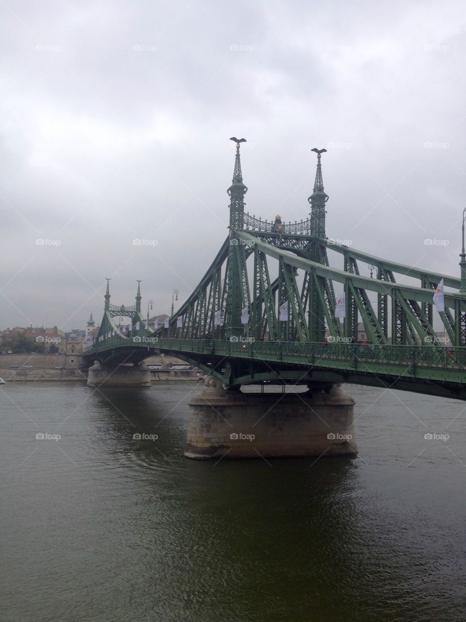 A bridge in Budapest in Autumn mist