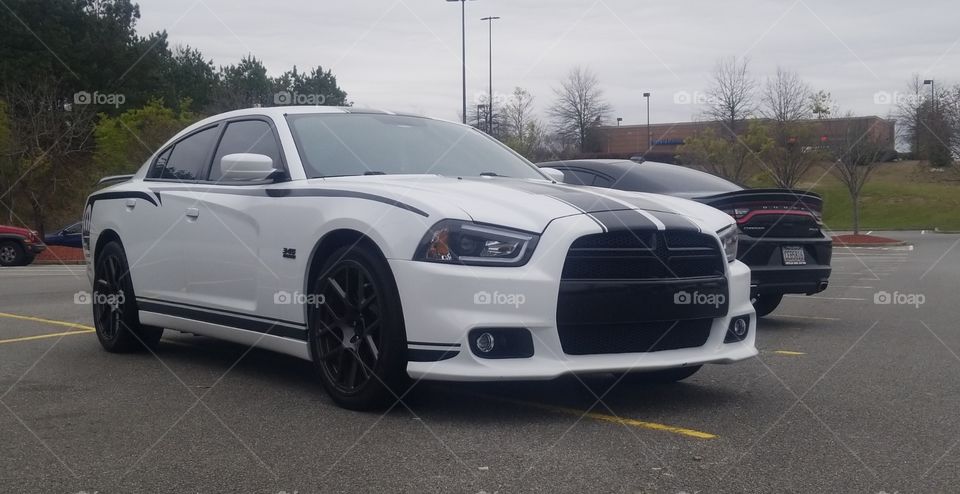 Evil White Dodge Charger looking aggressive