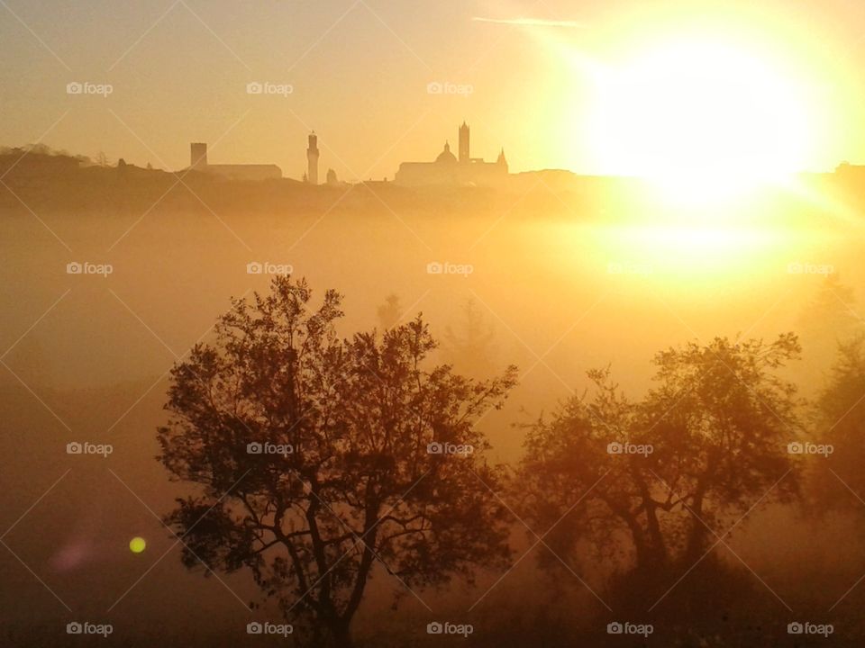 Sunrise above the skyline of Siena, Italy