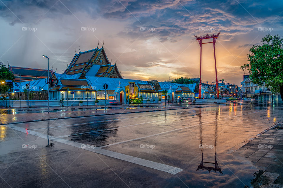 The beautiful scene of big red swing column landmark in Bangkok Thailand