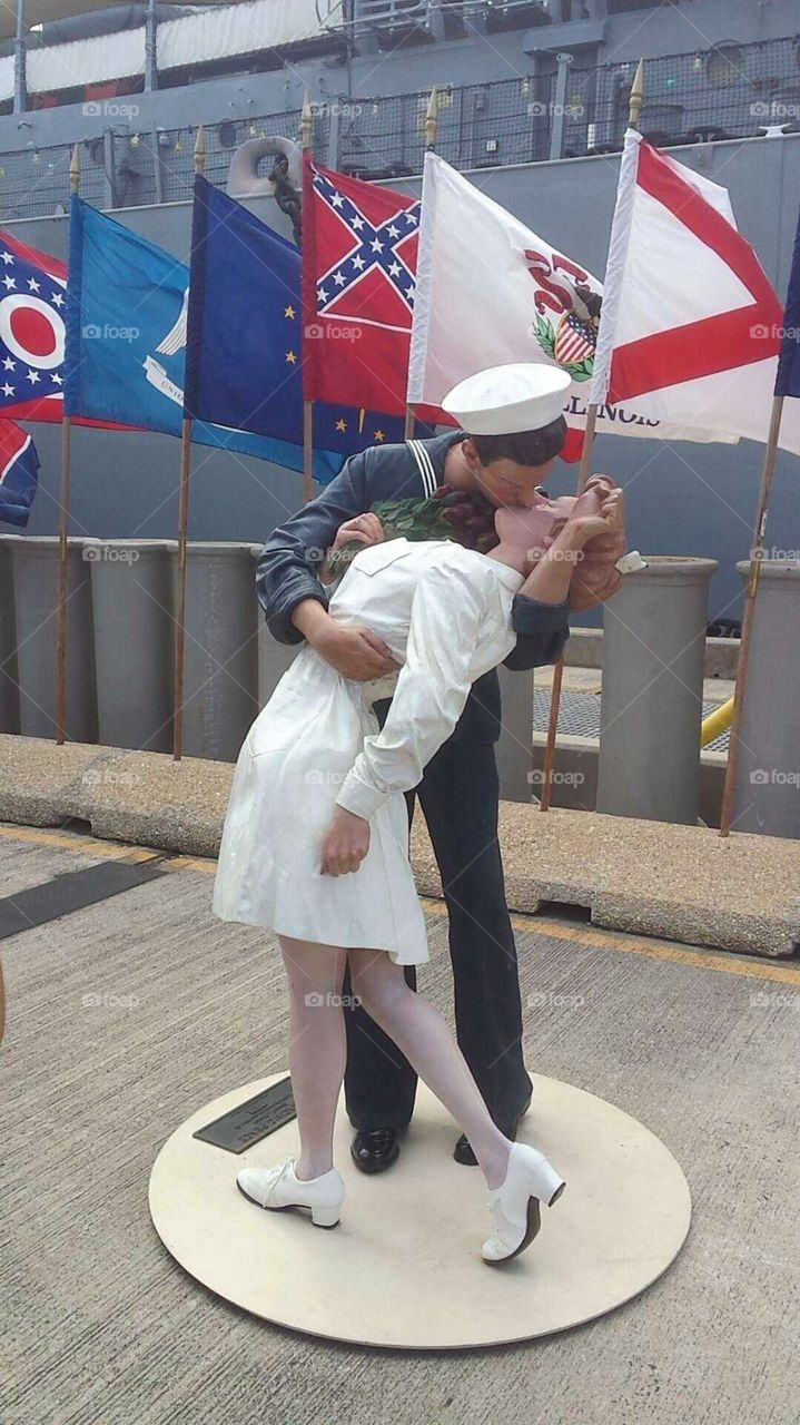 unconditional surrender statue in front of Battleship Missouri in Pearl Harbor, Hawaii