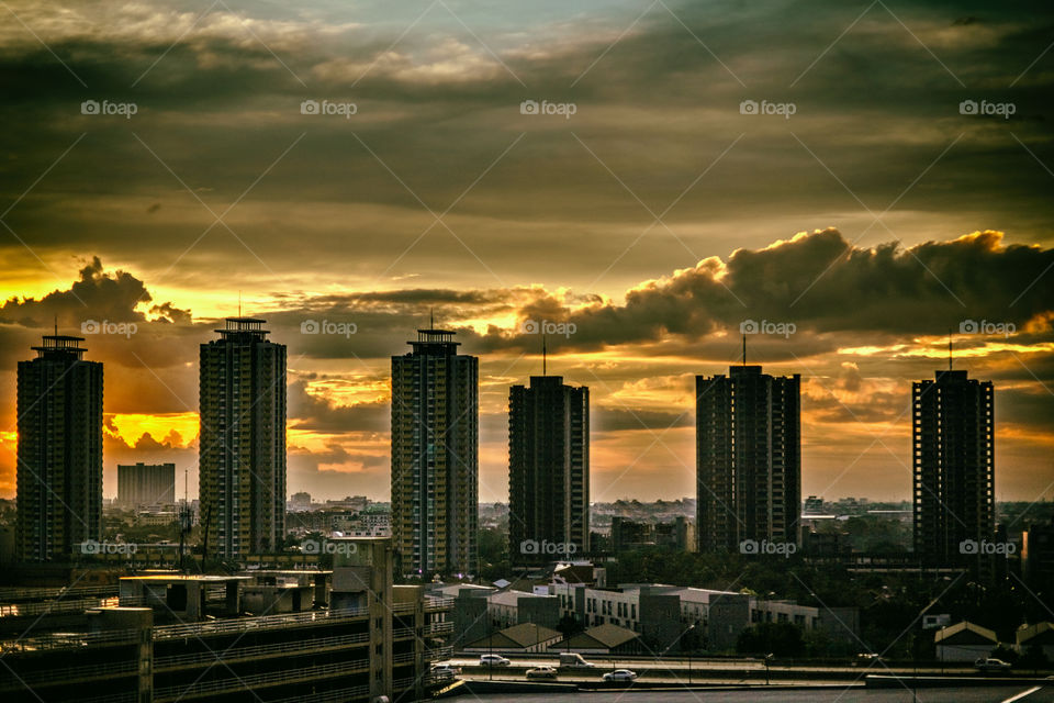 skyscrapers sunset cityscape over Bangkok