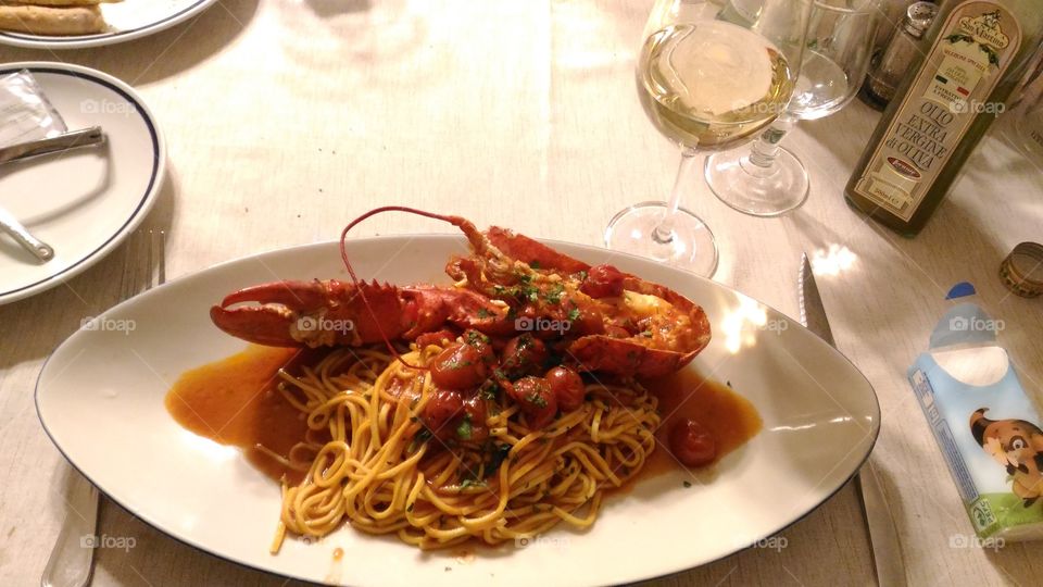 Italian food.Pasta with lobster.