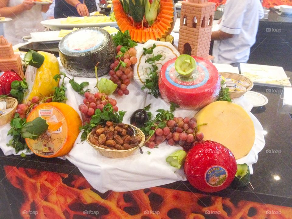 Cheese table. A table of many kinds of cheese