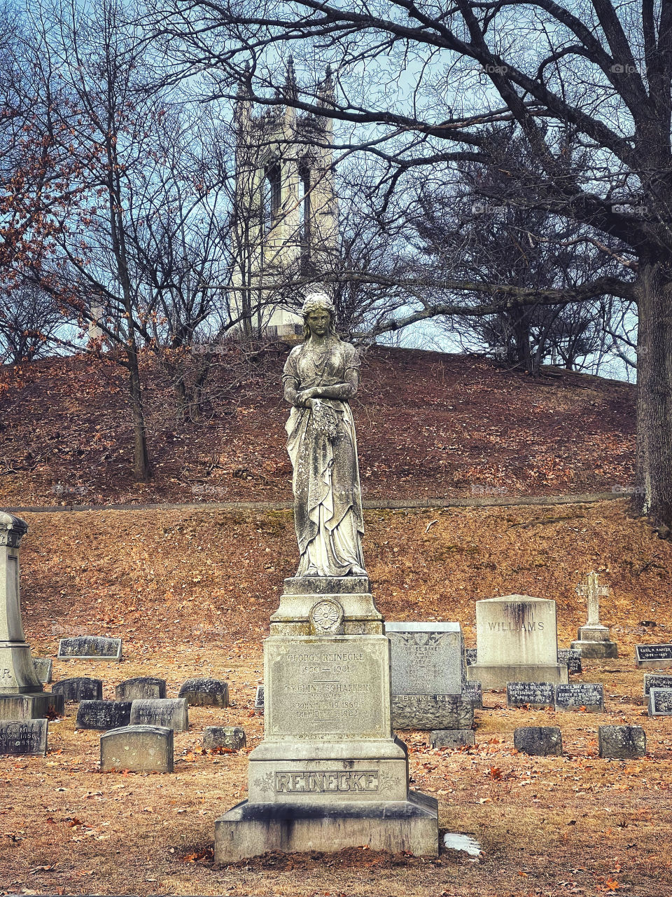 Statue in a New England cemetery on a winter morning