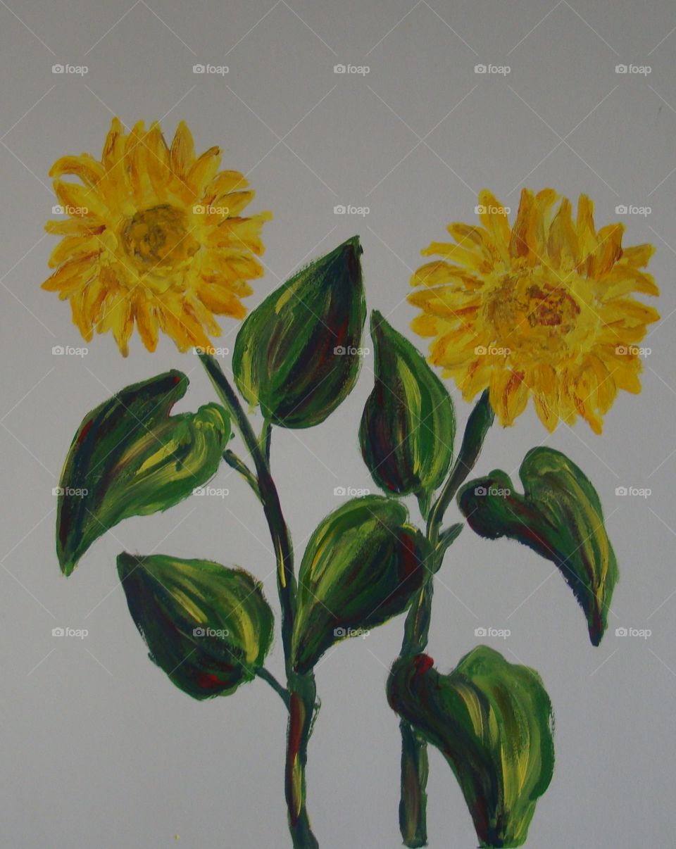 Vibrant multicolored yellow sunflower painting against a white shadowy back ground.