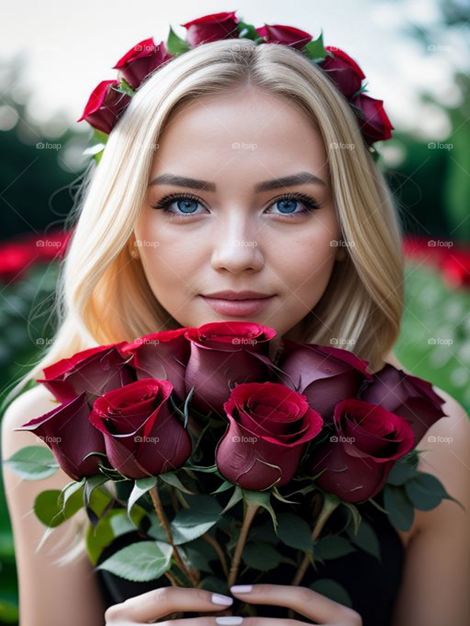 Beautiful blonde girl holding a bouquet of flowers
