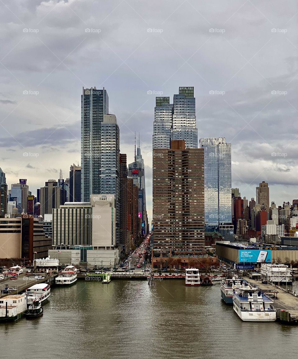 The New York City skyline viewed from the Hudson River