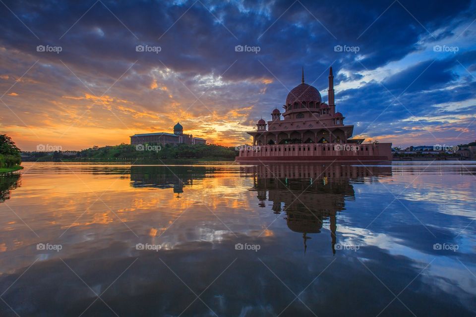 Sunrise at Putra Mosque. Reflection of Putrajaya Mosque During Sunrise
