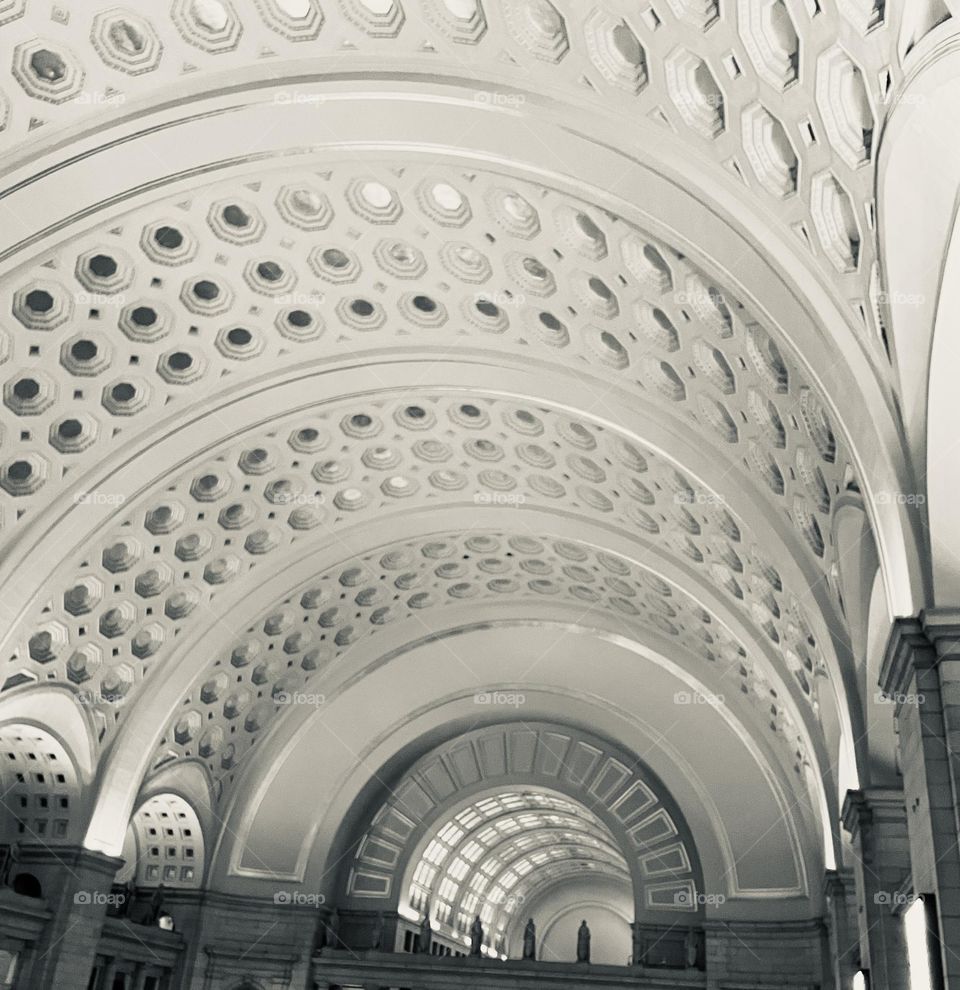 Interior view of barrel vaulted ceiling with pattern at Washington DC train station.
