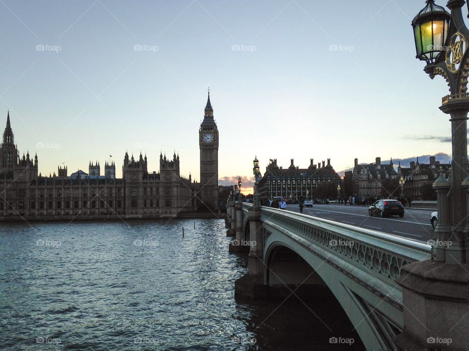 Westminster bridge. Westminster bridge, houses of Parliament and Big Ben in the evening