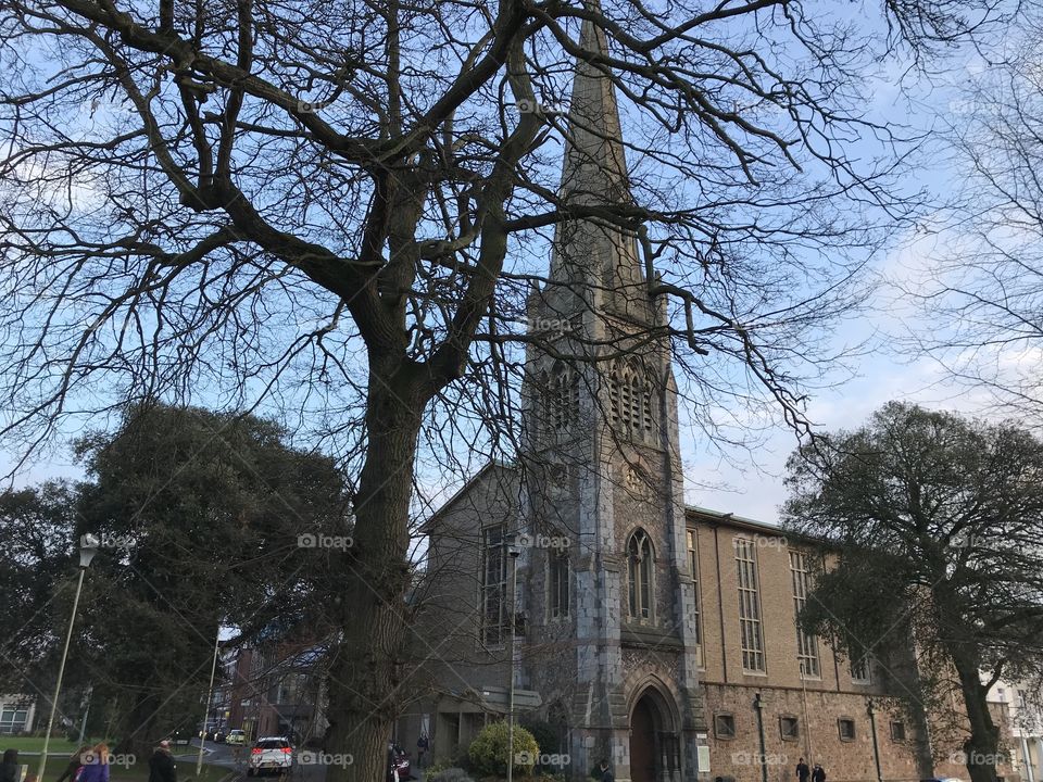 Southernhay Church, Exeter set in late afternoon winter sunshine.