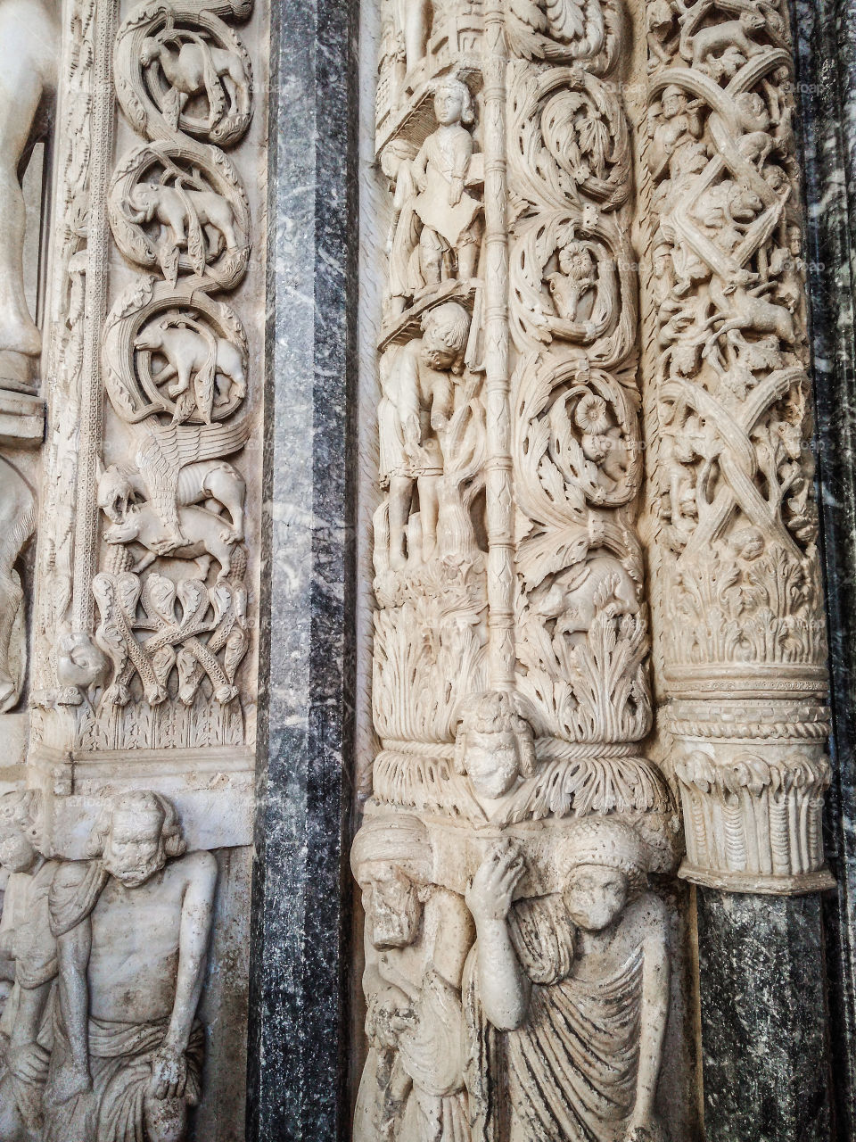 Detail on main portal of cathedral in Trogir, Croatia