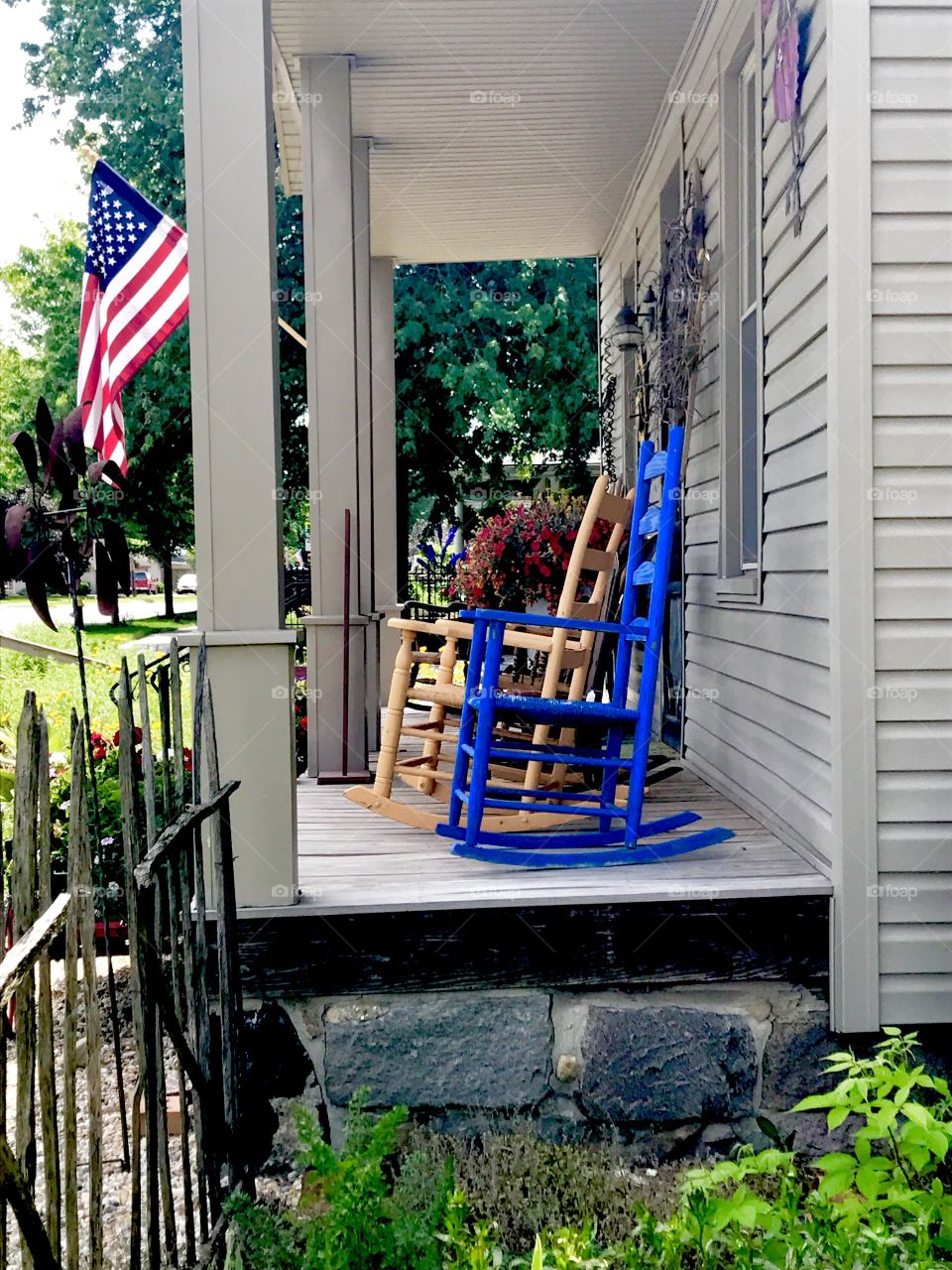 Flag, Front porch & rocking chairs
