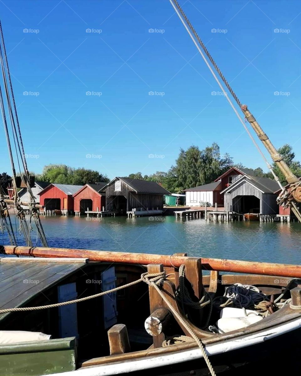 A beautiful summer day in Finland in the Åland archipelago, where you can find many old wooden boathouses.