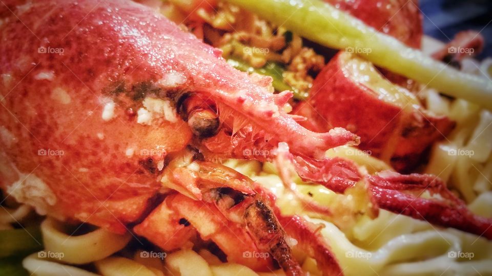 Freshly cooked lobster. Image features a closeup of the head. It is cooked in ginger and shallots (scallions) sauce, which is popularized in Chinese cuisine particularly in Cantonese recipes. Some noodles are typically placed under the lobster to soak up the appetizing sauce.