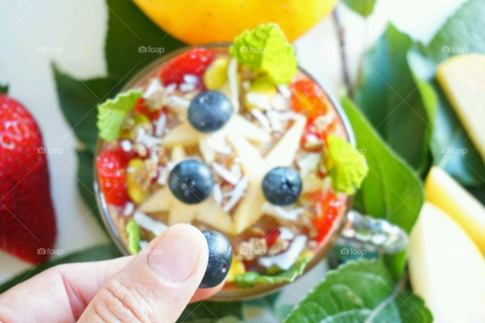 Fresh Fruits Smoothie - Apple smoothie added strawberries, blueberries, apple diced, coconut & pistachio nut