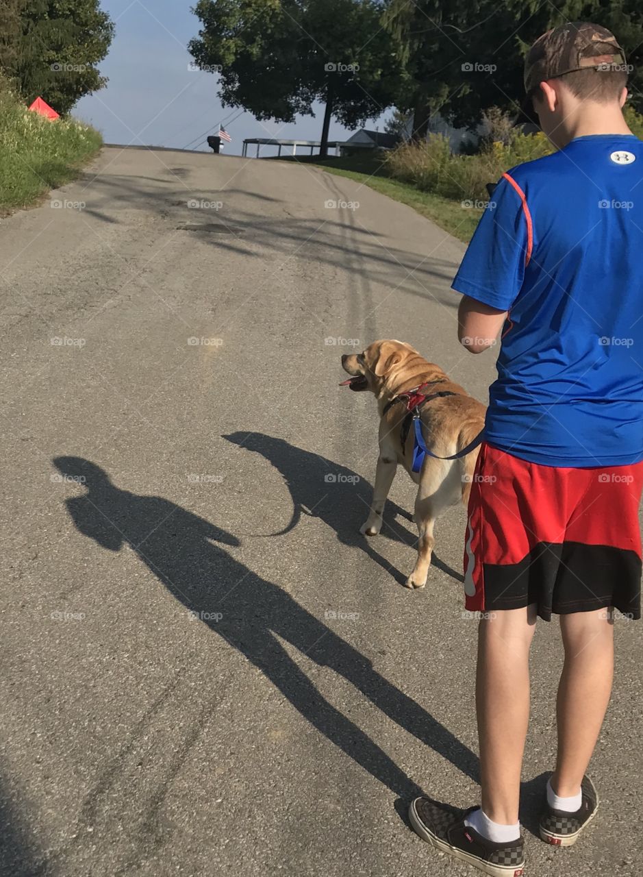 Boy waking his dog 