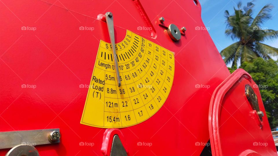 Crane boom angle indicator and also as an illustration for the load chart which is usually found at the base of the boom.