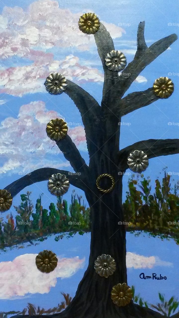 Tree of Life: Acrylic on canvas with metal flower medallions
