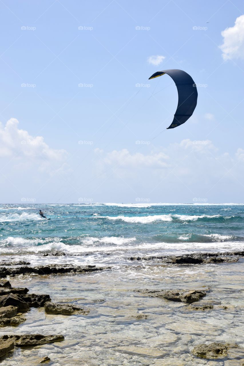 Kite surfing at Johnny Cay island, San Andres, Colombia