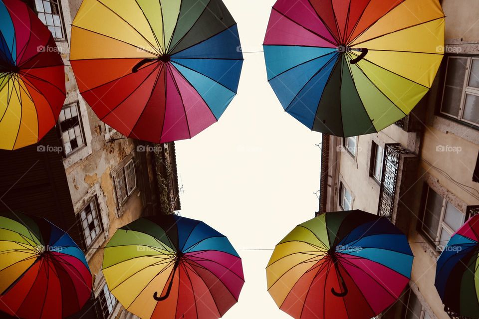 Colourful umbrellas in the city
