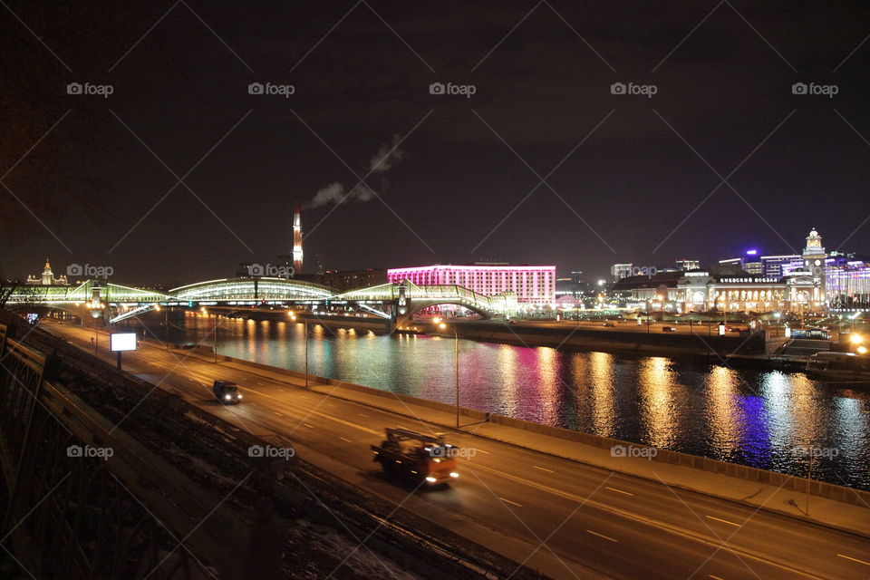 Berth, sunset, river,  Moscow, city, night city, Moscow does not sleep