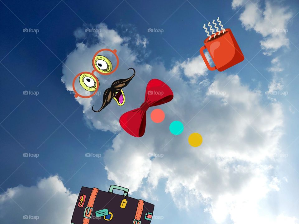 Traveling Joe on another adventure up in sky way up high! Adventures in the clouds. Characters in the clouds. Fun cloud gazing.