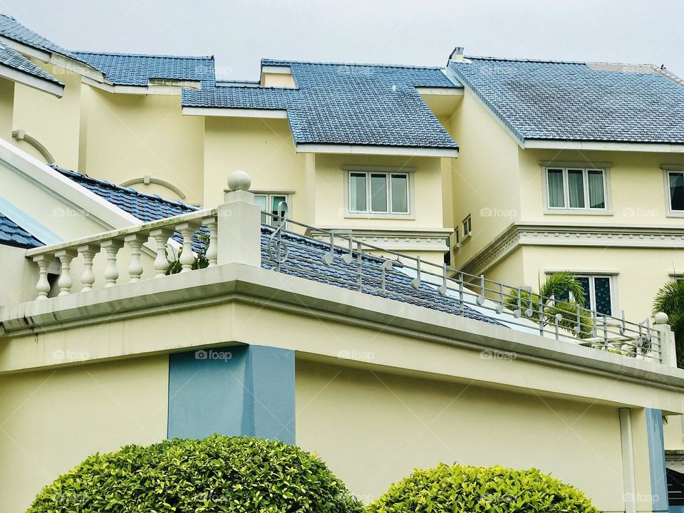 Blue colour house roof and greenery 