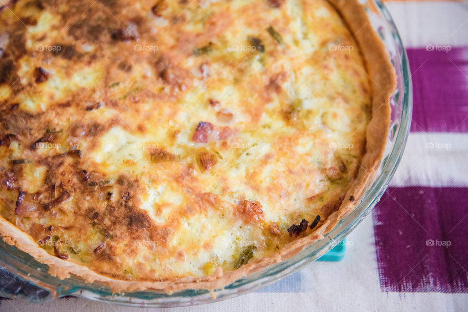 Bacon and leek quiche in bowl