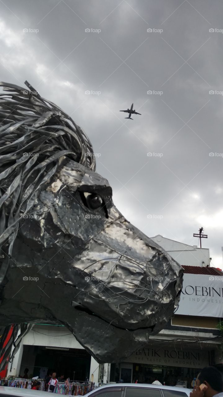 plane over the head of lion statue