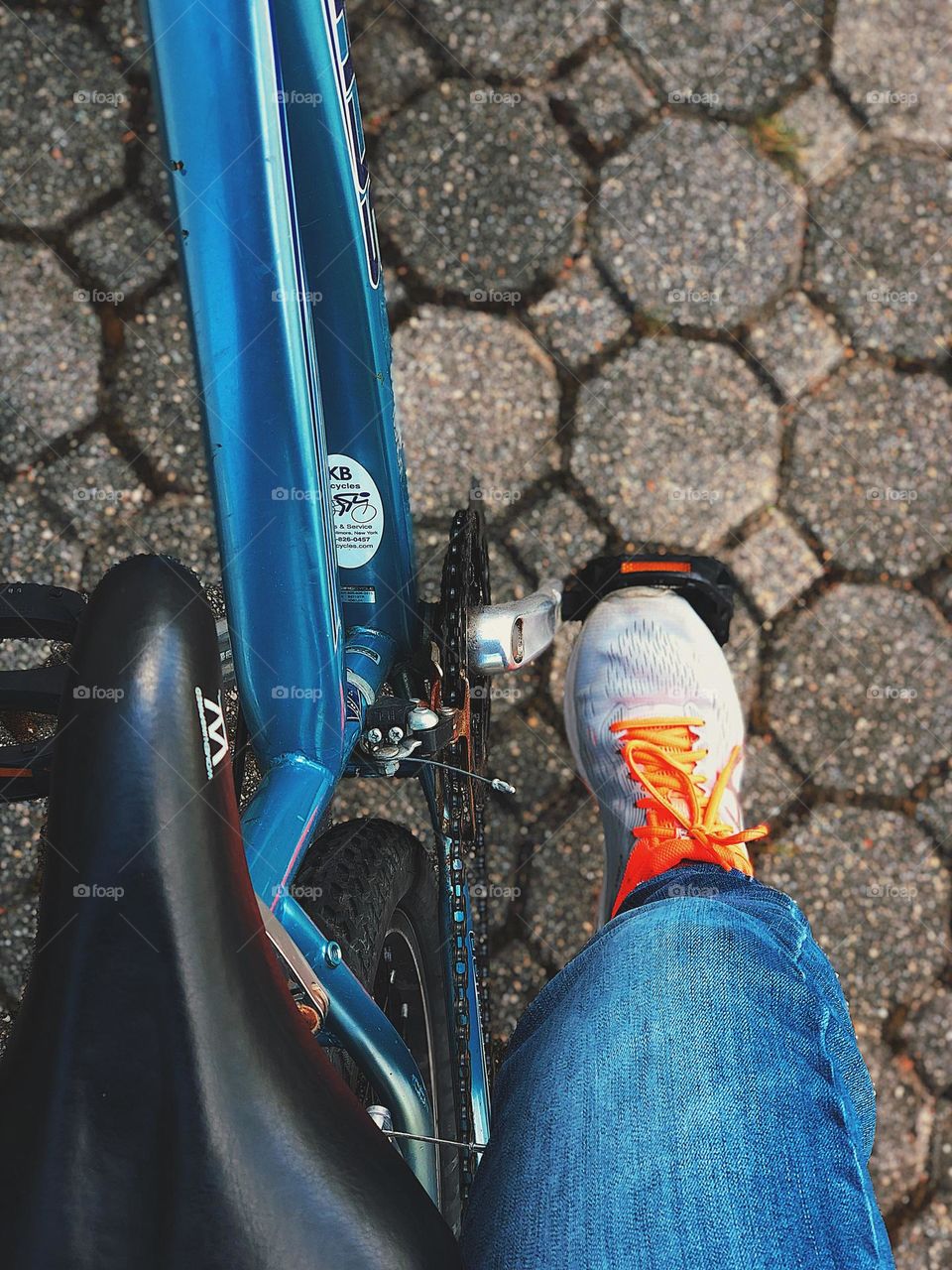 Pedaling on a bicycle, bike riders point of view, looking down while pedaling, trip on a bike, riding a bicycle for the environment, fun on a bike