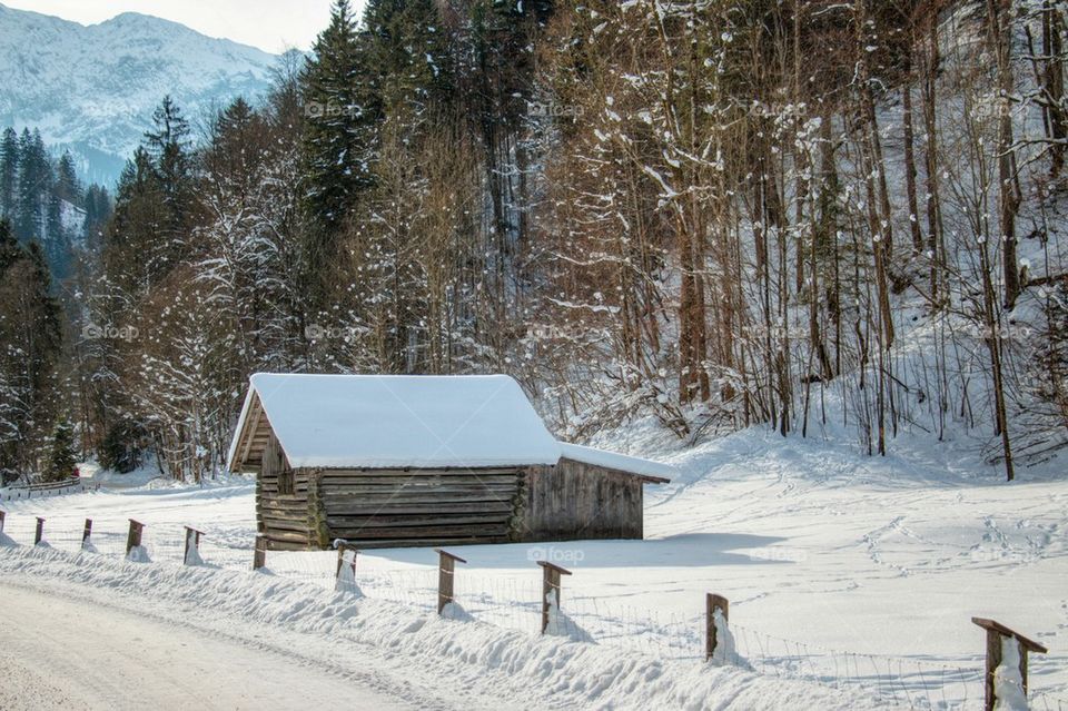 Log cabin in winter