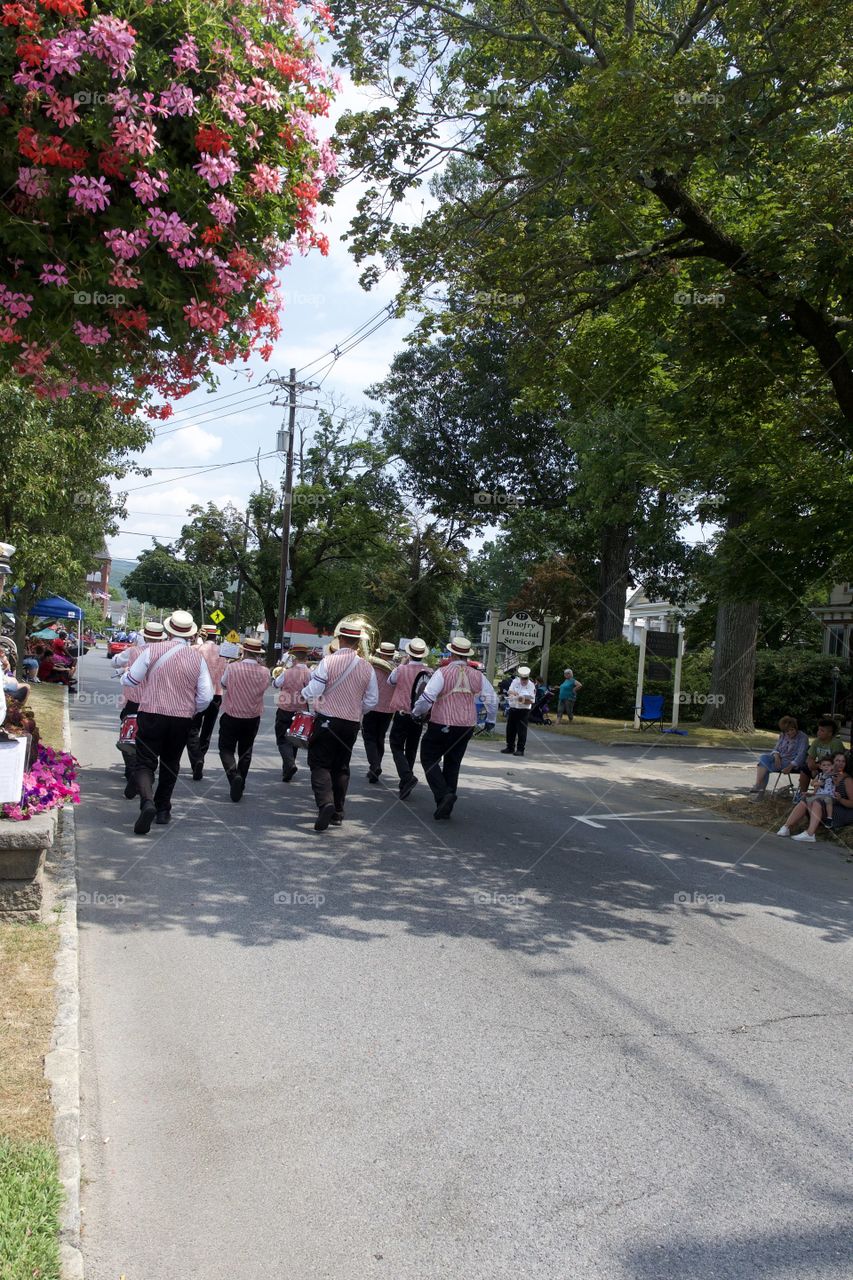Small town parade route marching band old times jazz