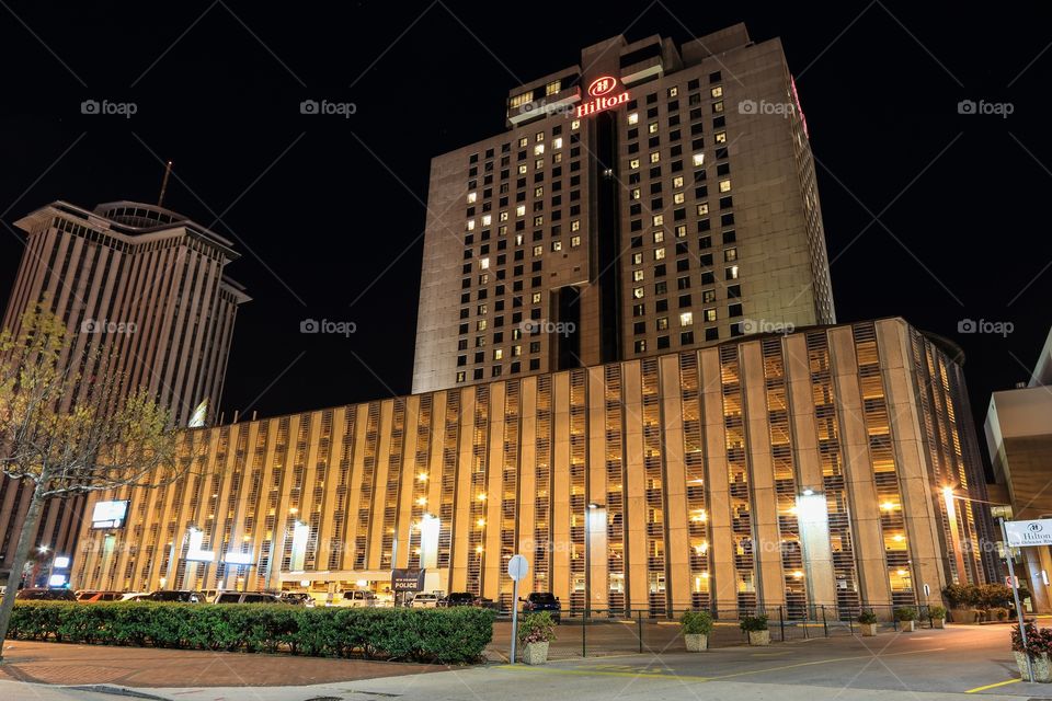 Hilton riverside hotel resort in New Orleans Louisiana USA at night