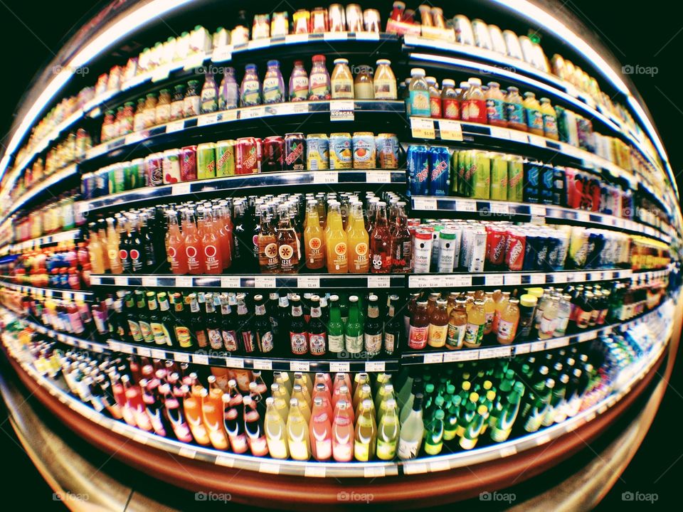 Fish eye view of a drink isle at grocery store  