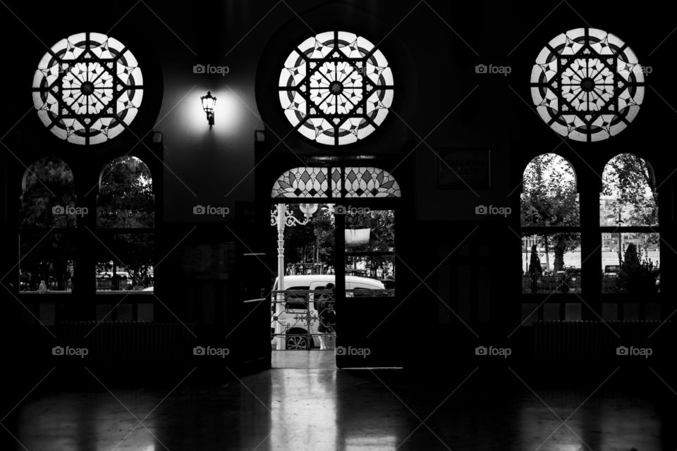 Historic train station black and white