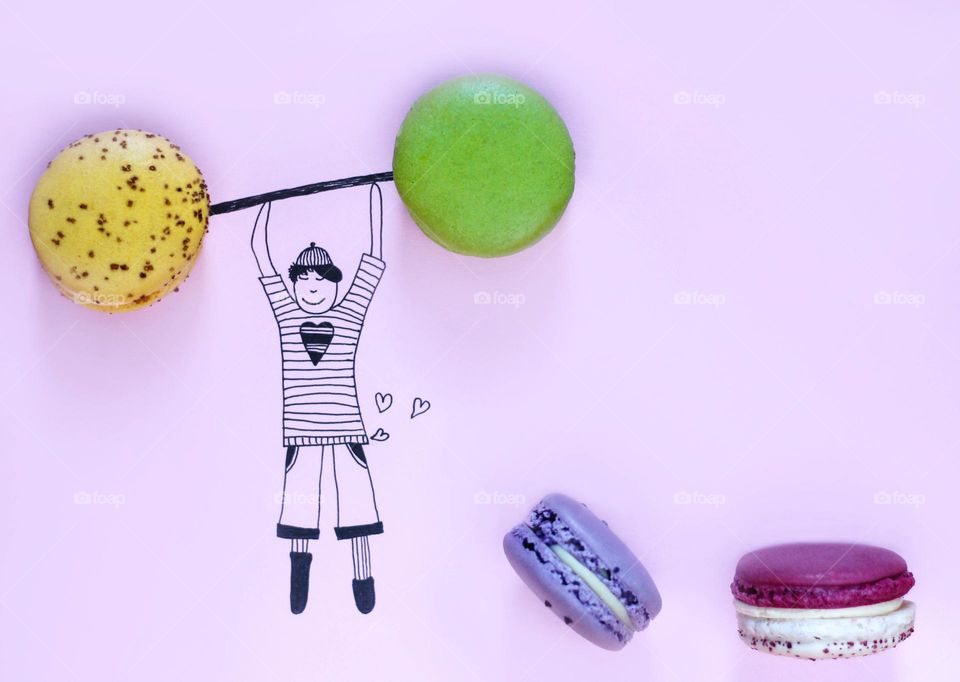 Real macaroon in funny illustration